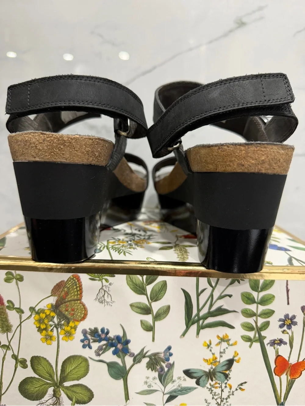 Naot Black Leather Platform Wedge Sandal with Ankle Buckle